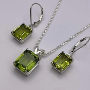 Emerald Cut Peridot Necklace & Earrings Set: Sterling Silver August Birthstone